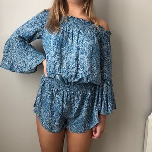 blue patterned strapless romper